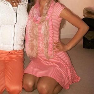 Pink and Tan, form fitting dress with flowy bottom